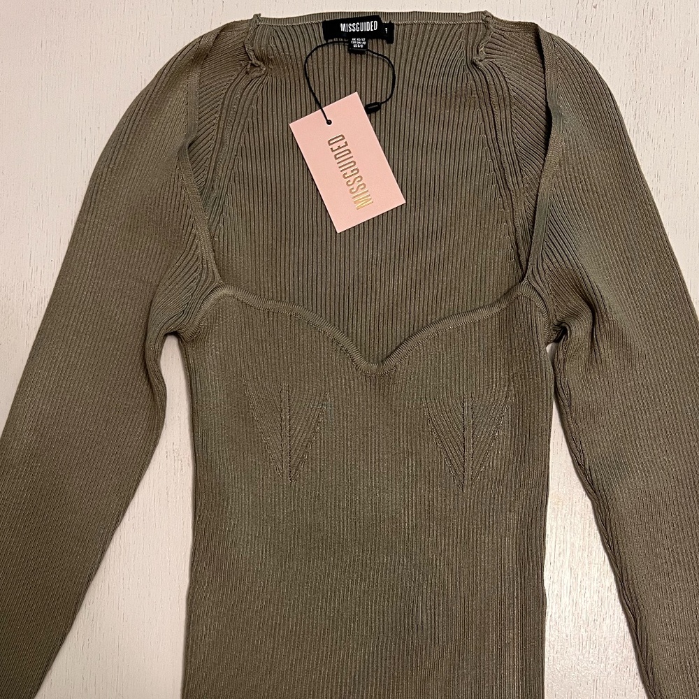 Green Rib Square Neck Sweetheart Knit Top